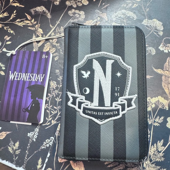 Loungefly Handbags - Wednesday Loungefly Black and Gray Striped Wallet with Crest